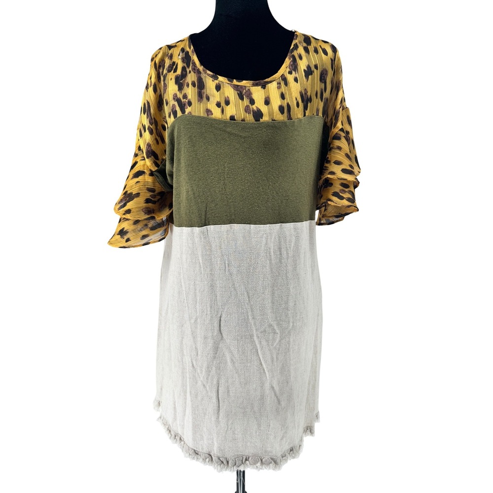 Umgee Tunic Dress Women Medium Olive Tan Leopard Print Ruffle Sleeve Linen Blend
